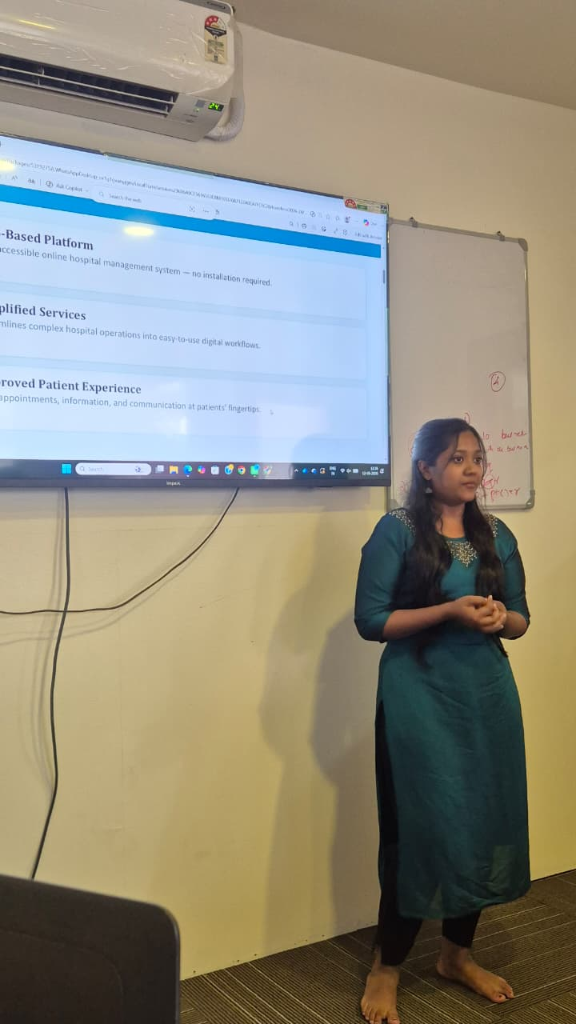 Anju presenting her project: Hospital Management System Platform